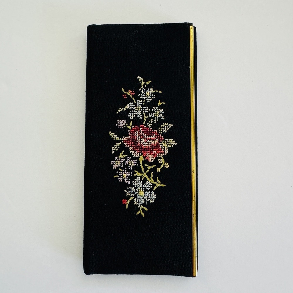 Vtg‎ Petite Point Flower Needlepoint Embroidery Black Beauty Mirror Case NO Comb
